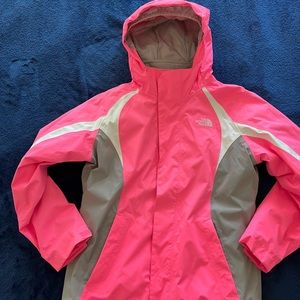 Pink, Grey & White North Face HyVent kids Ski  jacket with removable lining.
